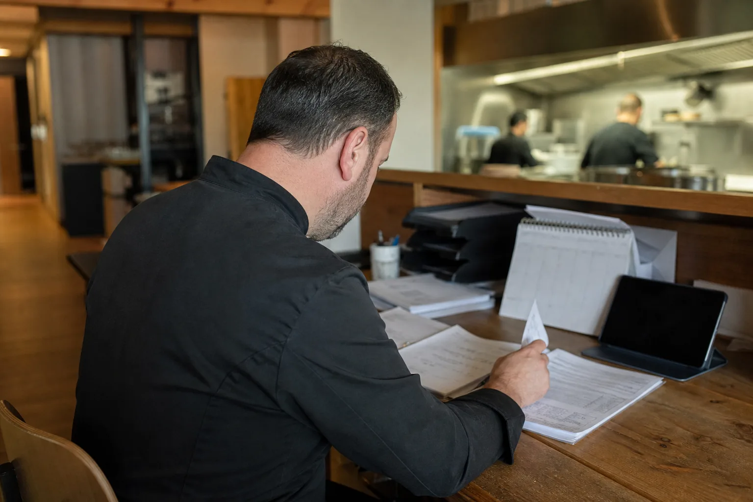 Betriebsleiter prüft Mitarbeiterunterlagen und Fristen an einem Schreibtisch