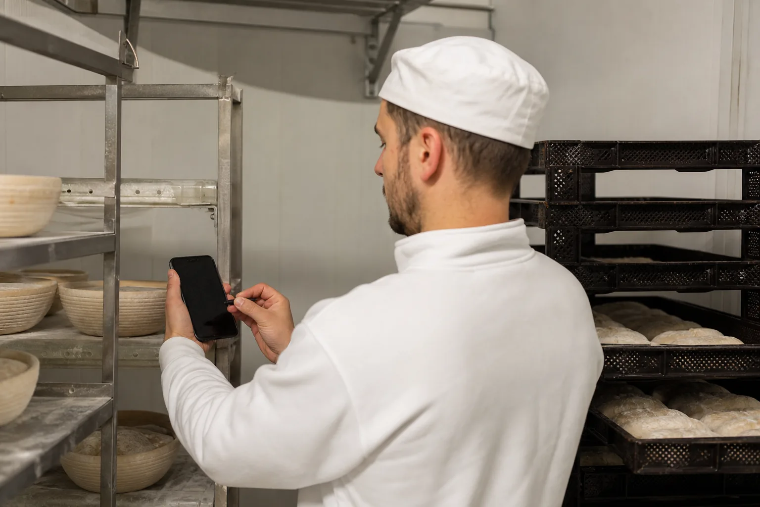 Bäcker dokumentiert eine Temperaturmessung im Kühlraum