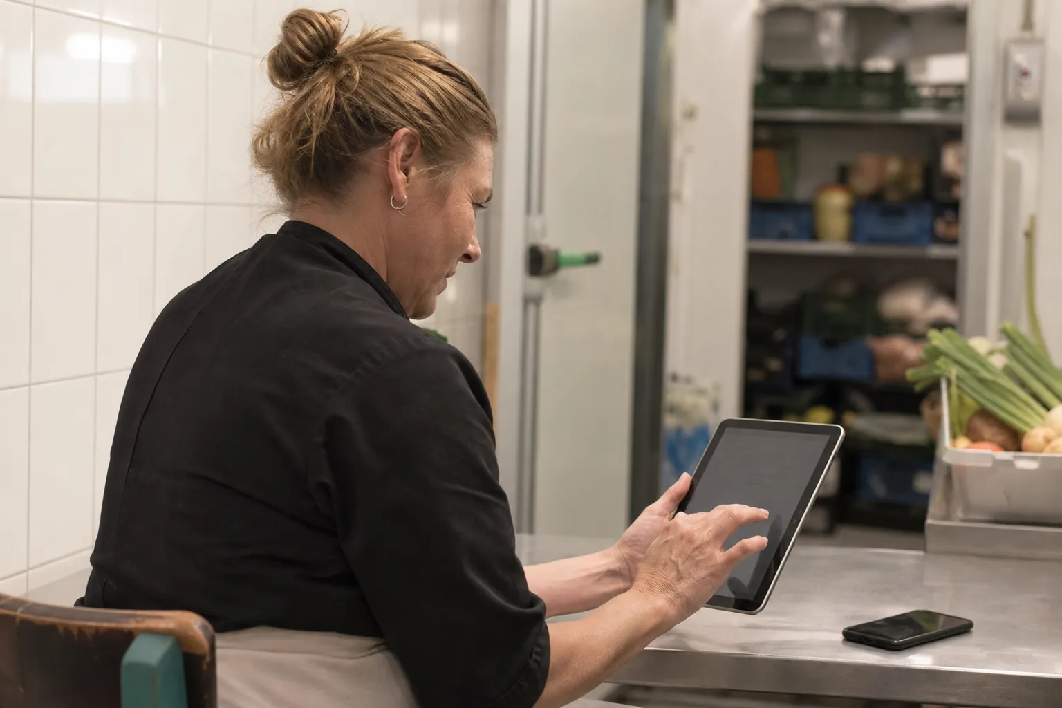Restaurantinhaberin prüft digitale Eigenkontrollen auf einem Tablet